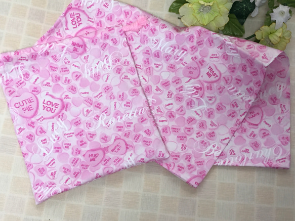 ランチョンマット＆巾着　給食用　40×60cm  小学校　入学準備　ハート文字　ピンク 2枚目の画像