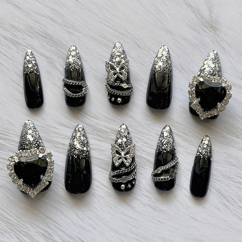 【No.028】ネイルチップ♡レースフレンチ♡ゴスロリ♡地雷サブカル♡黒ネイル♡ 紫黒162XS☆163S☆164M☆地雷系サブカルゴシックギャルゴテゴテ