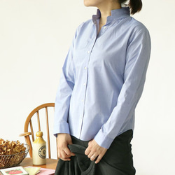 ギザコットンブルー　ミニ衿ギャザー長袖シャツ 1枚目の画像