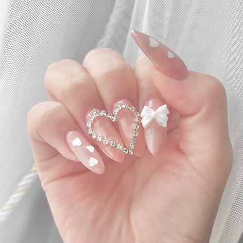 No.019 フレンチガーリーネイル オーロラネイル ハートネイル ネイルチップ