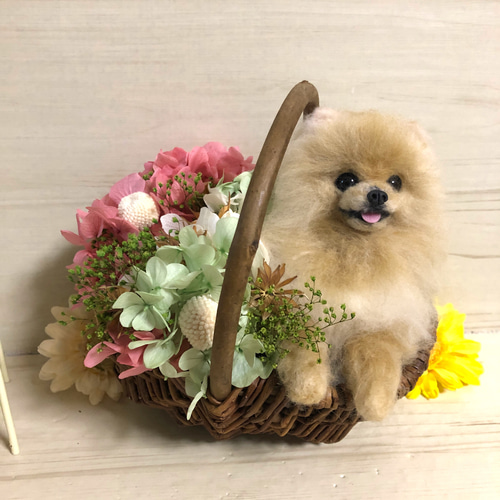 羊毛フェルト　オーダーフラワーバスケット　ワンちゃん 羊毛フェルト ワンちゃん オーダーフラワーバスケット 送料無料 羊毛