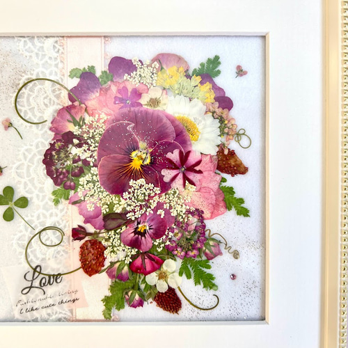額付き押し花アート クリスマスセール 押し花額 押し花アート 白い花 展覧会出展作品