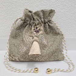 着物帯リメイク 巾着ミニバック ベージュタッセル 巾着バッグ matorie