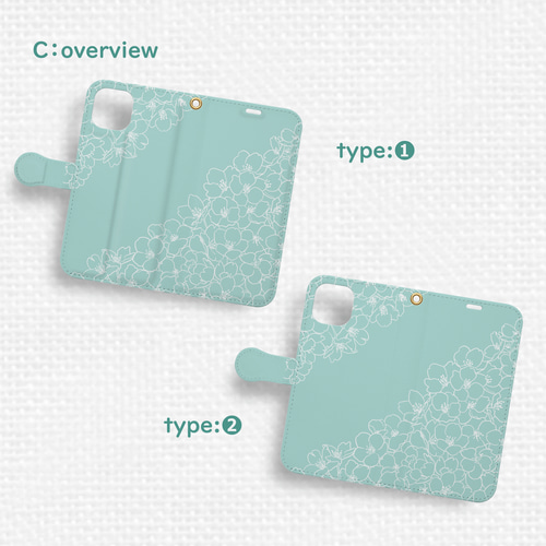 さくら咲くiPhone手帳型スマホケース ミントグリーン 全機種対応 線画