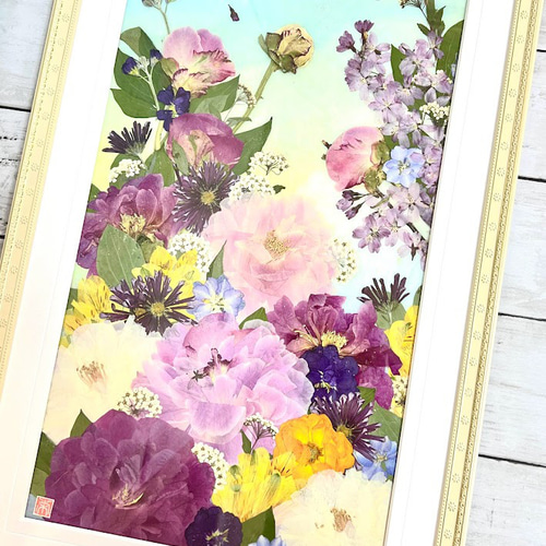 【最終価格】押し花アート額【タテ54cm×ヨコ45cm】 和風モダン セール！ 押し花 押し花額 押し花アート 敬老の日 てまり 和風