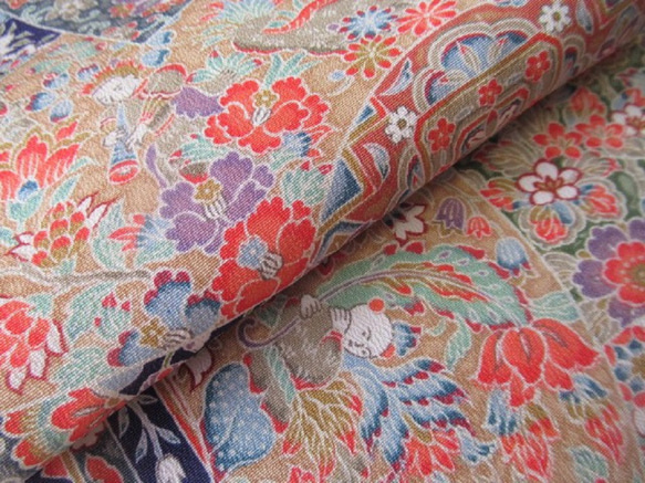 紺色 本加賀友禅 型染 扇に唐花と唐子模様 正絹 丹後ちりめん No.83-1  