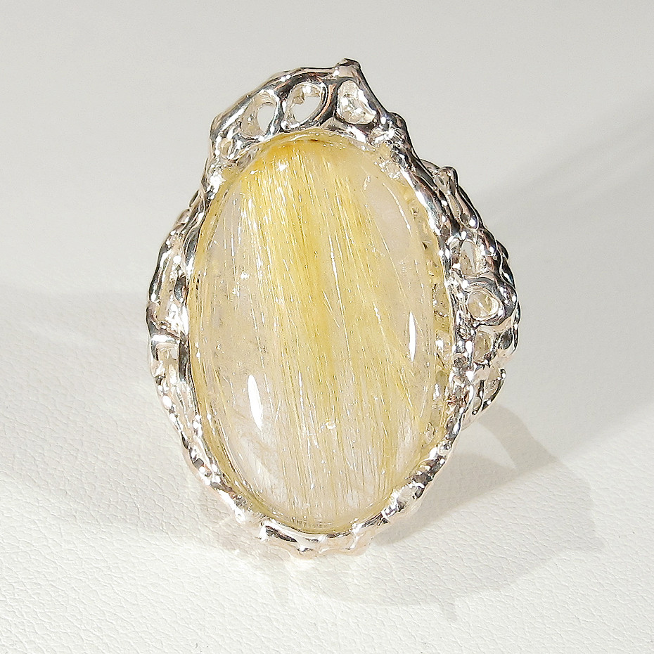 20.35ctルチルクォーツとSV925の指輪（リング：12号、サイズ変更可、ロジウム厚メッキ、天然石、金線入り水晶）