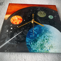 宇宙 ウッド レジン 壁掛け時計 (宇宙 / 星 / 惑星 / 地球 / スプレーアート )　【1点もの】 5枚目の画像