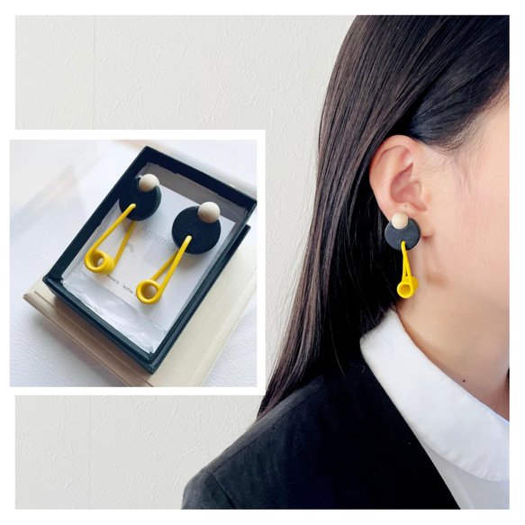 《MOKE／yellow×black》黄色×黒　大人ポップなレザーアクセサリー　 2枚目の画像