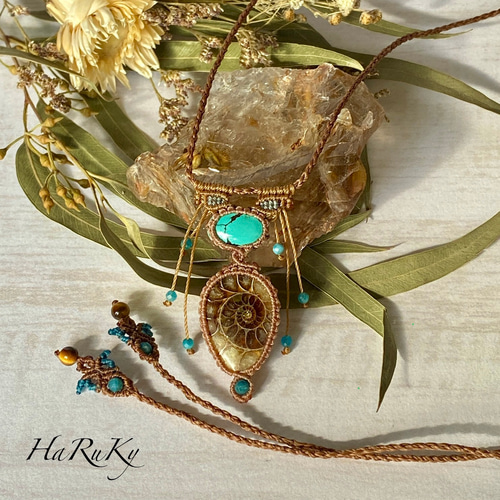 アンモライト オパール マクラメ ネックレス ♢流星群♢アンモナイト化石とフーベイターコイズ アンモナイトの