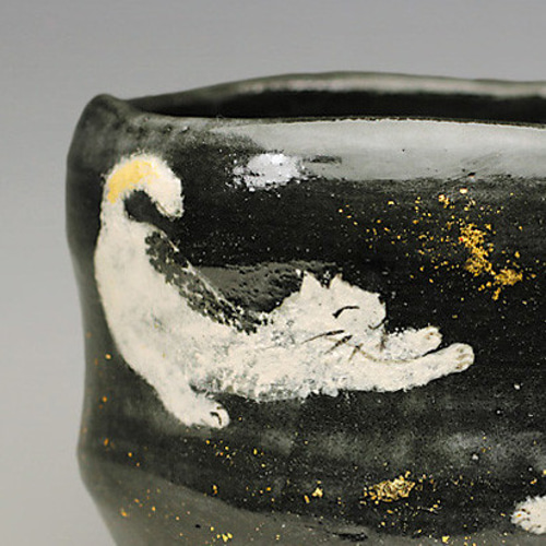 ☆猫の日2024☆楽焼〚黒釉 猫の絵〛 抹茶碗 茶道具 手描き 楽入印 茶碗