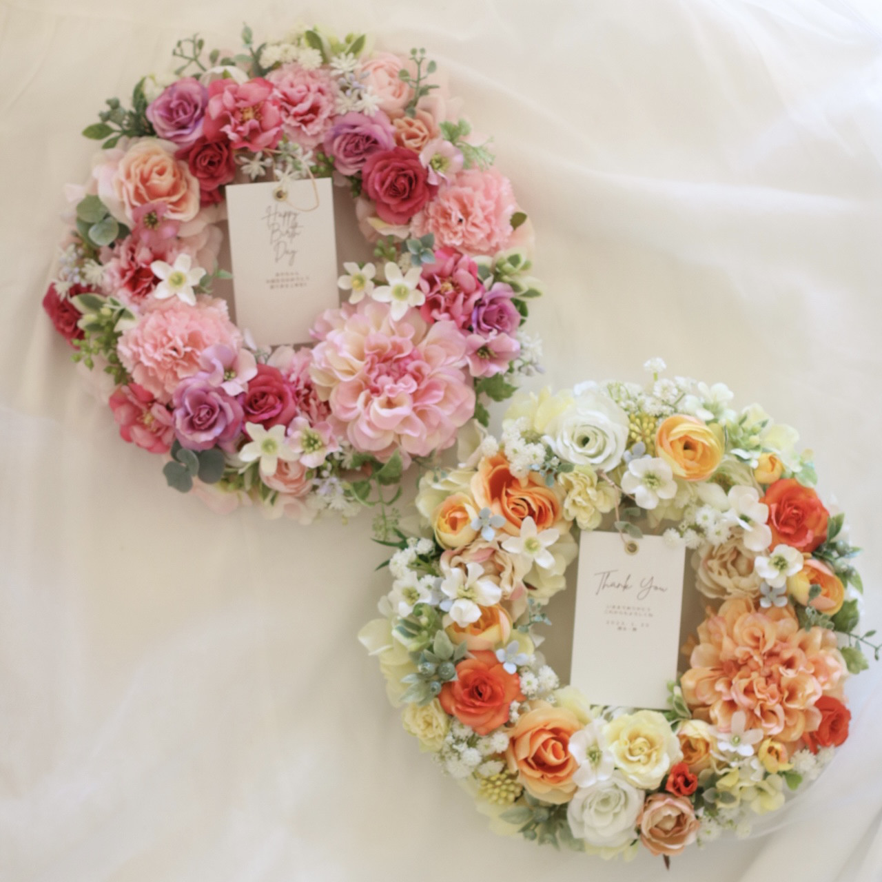 【order made２点set】ギフトに嬉しいメッセージカード・ラッピングBox付華やかリース＊両親贈呈品等に