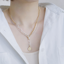 「Coin+multi-chain necklace」　コインネックレス　ボールチェーン　スネークチェーン 3枚目の画像