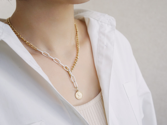 「Coin+multi-chain necklace」　コインネックレス　ボールチェーン　スネークチェーン 2枚目の画像