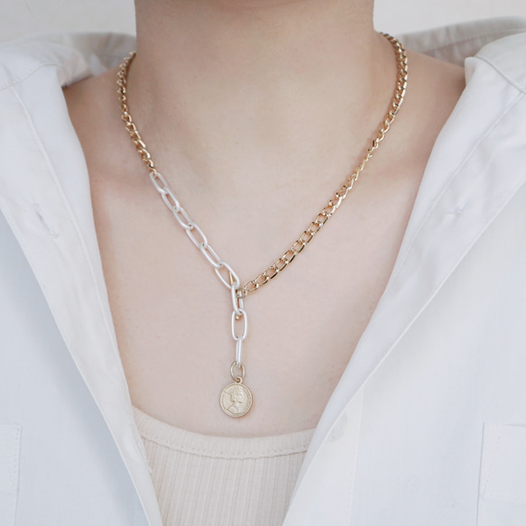 「Coin+multi-chain necklace」　コインネックレス　ボールチェーン　スネークチェーン 1枚目の画像
