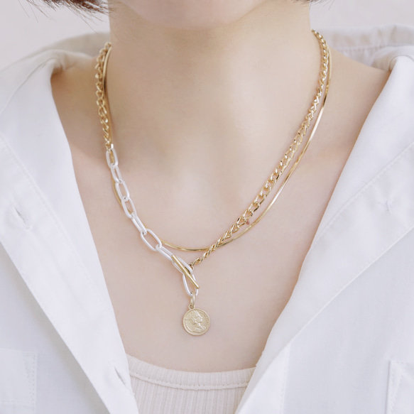 「Coin+multi-chain necklace」　コインネックレス　ボールチェーン　スネークチェーン 6枚目の画像