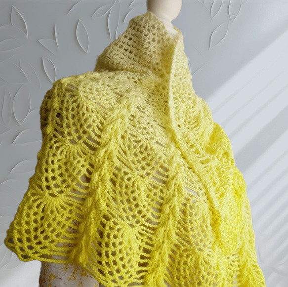 三日月形グラデーションショール イエロー コットンヤーン 春夏