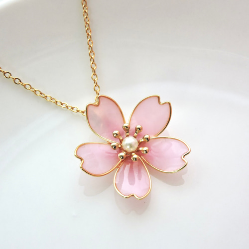 No.1298☆ハンドメイド☆桜ピンク♡フラワーレジンネックレス 冷やさ