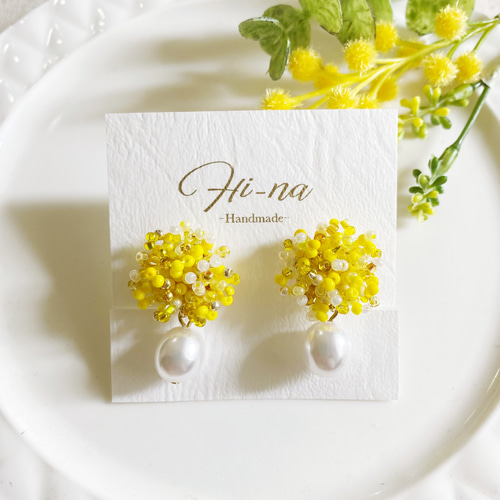 Candy ミモザイエロー ビーズフラワーピアス/イヤリング ピアス