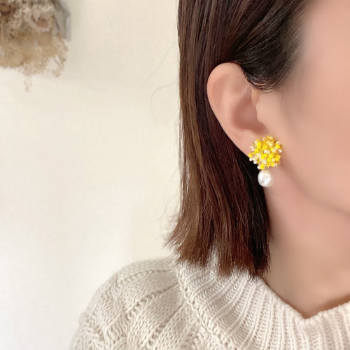 Candy ミモザイエロー ビーズフラワーピアス/イヤリング ピアス