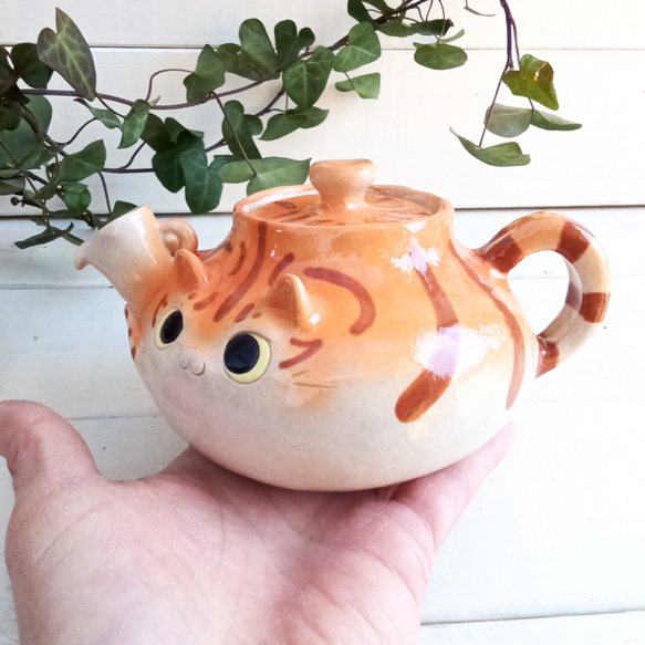 棕色虎斑貓茶壺 450ml 逗貓陶器定制 第2張的照片