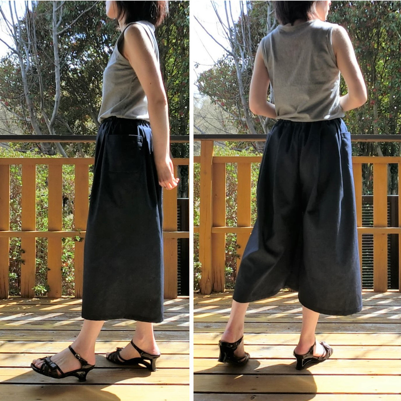 受注【ﾎﾟﾘ混デニム（薄手）】タック ロング キュロット　ゆったりガウチョパンツ　L-80　wｺﾞﾑ