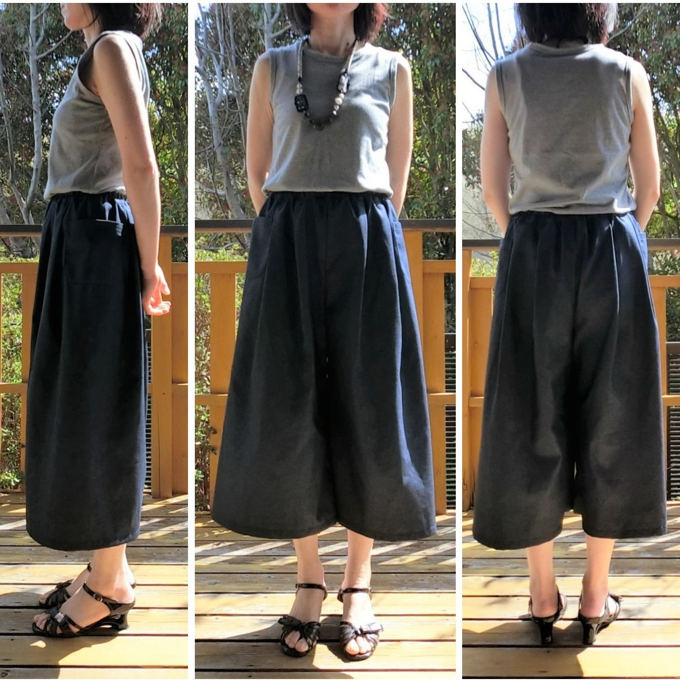 受注【ﾎﾟﾘ混デニム（薄手）】タック ロング キュロット　ゆったりガウチョパンツ　L-80　wｺﾞﾑ