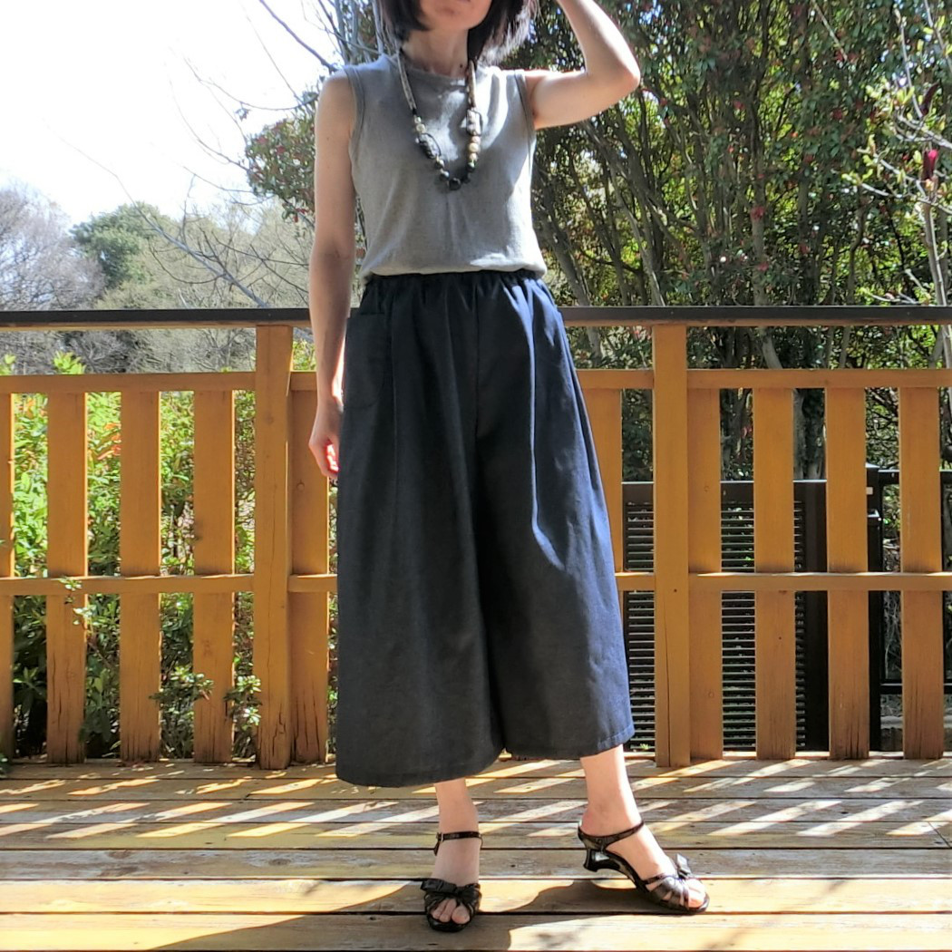 受注【ﾎﾟﾘ混デニム（薄手）】タック ロング キュロット　ゆったりガウチョパンツ　L-80　wｺﾞﾑ