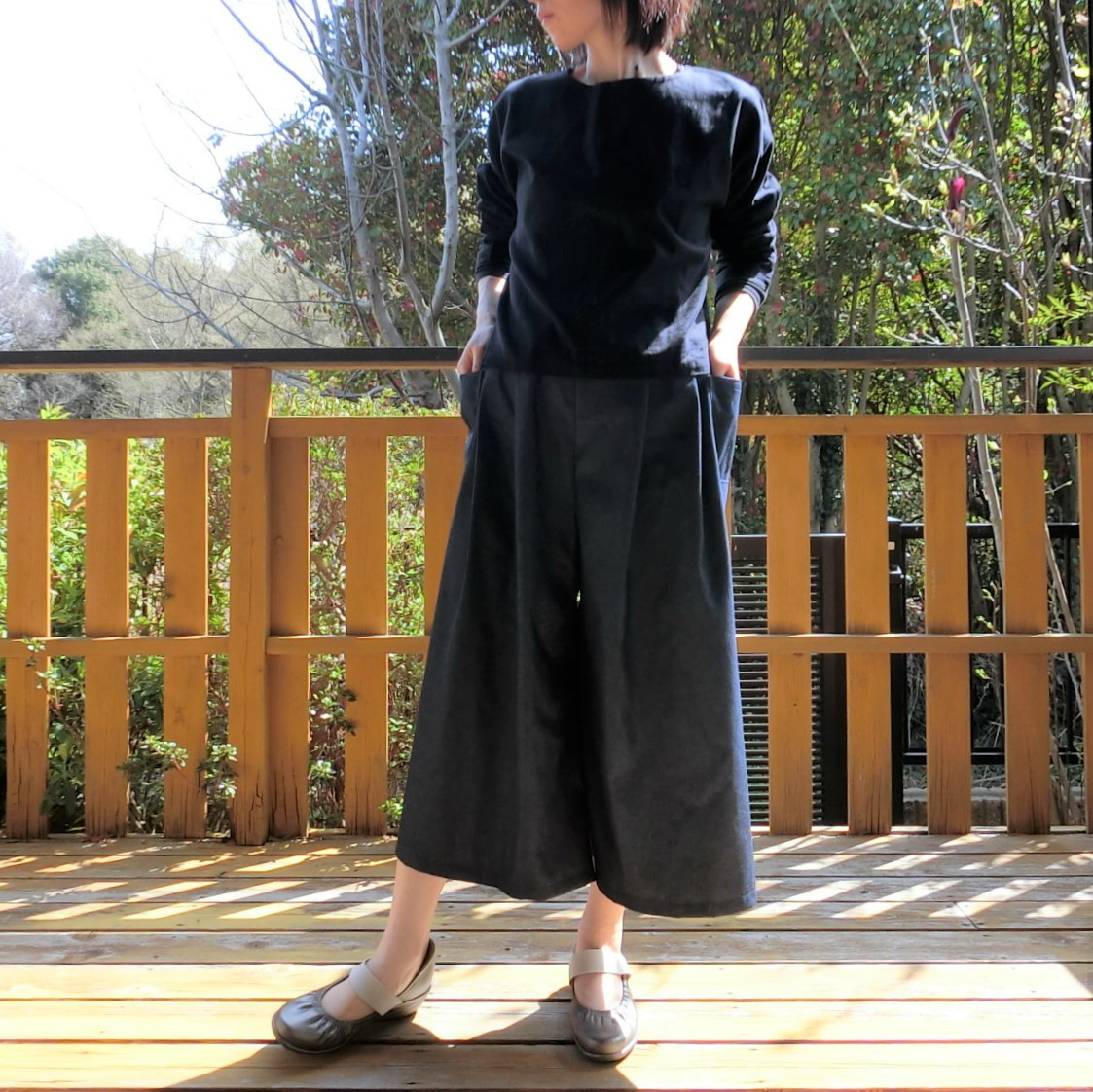 受注【ﾎﾟﾘ混デニム（薄手）】タック ロング キュロット　ゆったりガウチョパンツ　L-80　wｺﾞﾑ