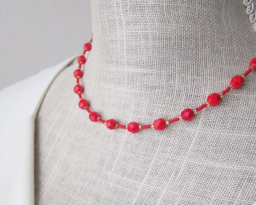 レッド ガラス ビーズ ネックレス 赤 レッド #red チェコ ネックレス