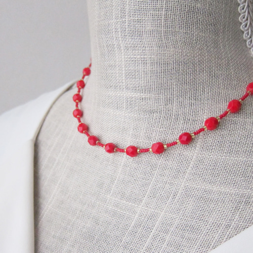 レッド ガラス ビーズ ネックレス 赤 レッド #red チェコ ネックレス