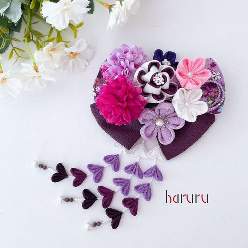 つまみ細工の髪飾り【紫リボン お花のセット】成人式 振袖 卒業式 袴