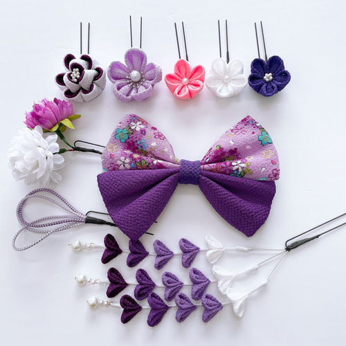 つまみ細工の髪飾り【紫リボン お花のセット】成人式 振袖 卒業式 袴