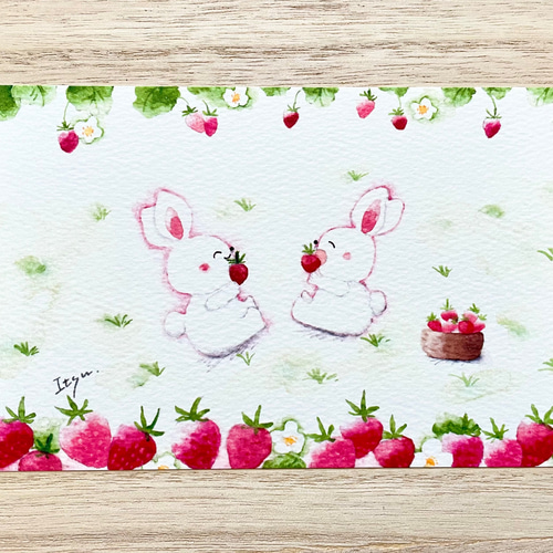 透明水彩3枚セット「楽しいいちご狩り」イラスト ポストカード