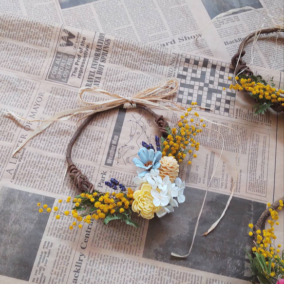 ミモザと春の花 春のボンボンリース ドライフラワーリース Ⅹ ミモザと