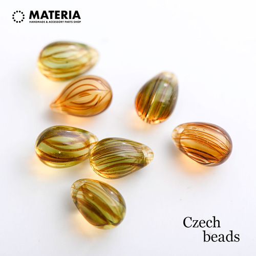 チェコガラスビーズ ティアドロップ イエローゴールド ストライプ 6個 