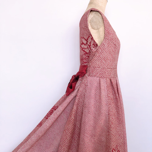 総絞り フレアーロングワンピース 着物リメイク リボン ドレス