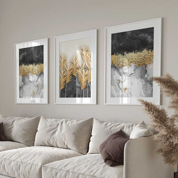 モダン 抽象画 ボタニカル ゴールド 油絵風 / インテリアポスター 海外アート ３枚セット / 4681 3枚目の画像