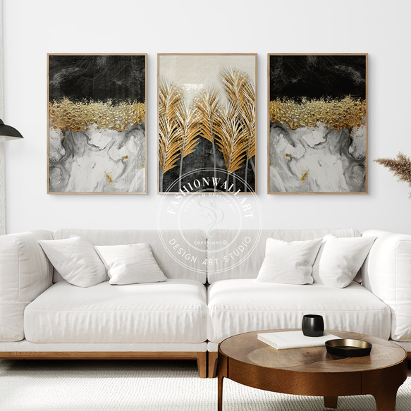 モダン 抽象画 ボタニカル ゴールド 油絵風 / インテリアポスター 海外アート ３枚セット / 4681 1枚目の画像