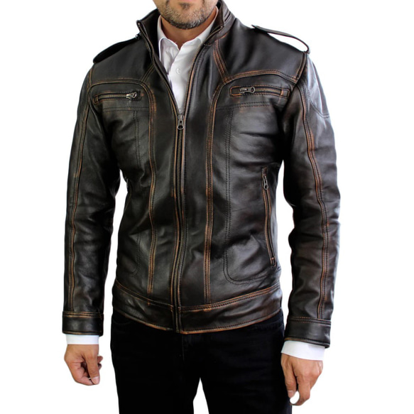 黒牛革ダメージ加工ジャケット Cow Leather Distressed Jacket Black