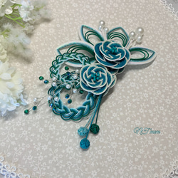 成人式卒業式結婚式・和装水引髪飾り・二つ二重大梅・青緑 5枚目の画像