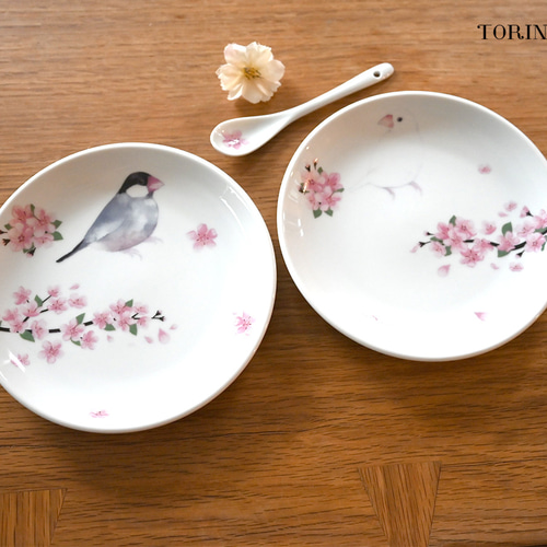 桜のお皿＆スプーンセット（80羽の中からお好きな鳥・インコを