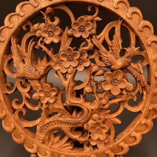 喜上眉梢 21cm アンティーク調 （カササギ・梅) 参次元彫刻 その他