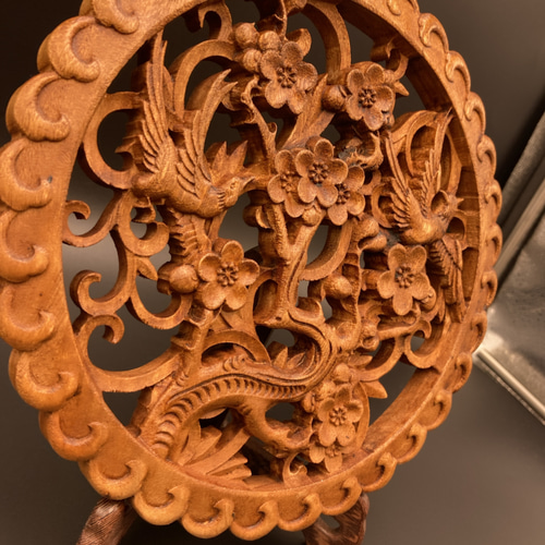 喜上眉梢 21cm アンティーク調 （カササギ・梅) 参次元彫刻 その他