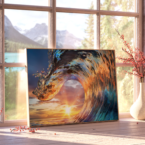 アートポスター 波 夕陽 サンセット サーフアート 海 オレンジ ブルー