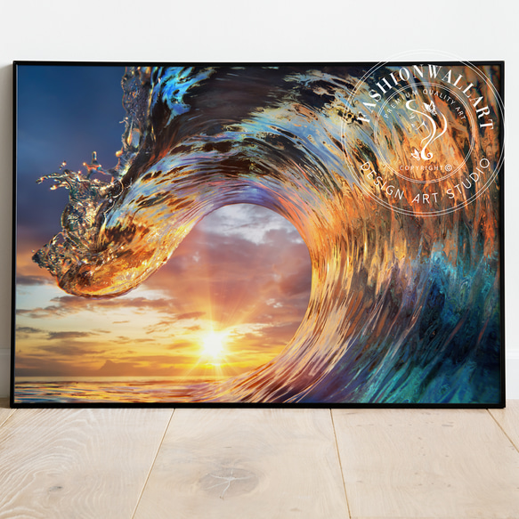 アートポスター 波 夕陽 サンセット サーフアート 海 オレンジ ブルー