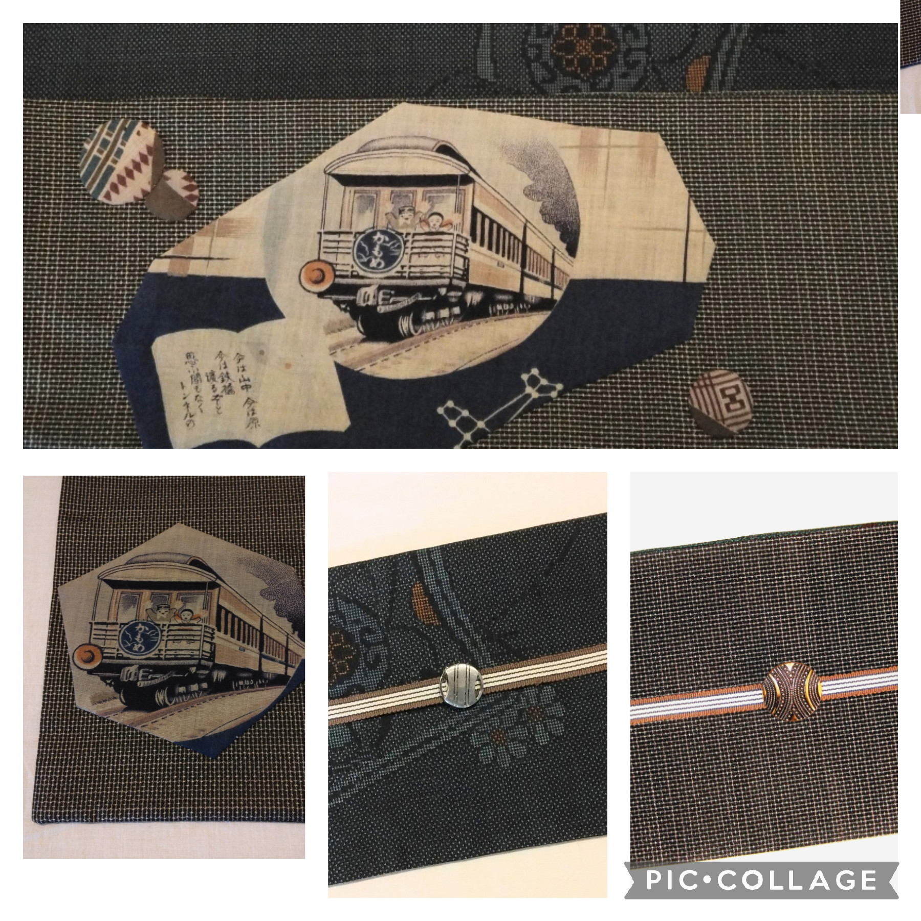 【新品】正絹　大島半巾帯　特急(かもめ)・童謡唱歌( 今は山中今は原)　繫ぎ目のない半巾帯　リバーシブル