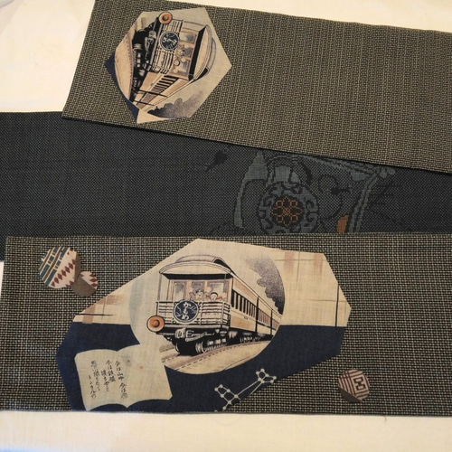 新品】正絹半巾帯・特急(かもめ)・童謡唱歌( 今は山中今は原) 繫ぎ目の  