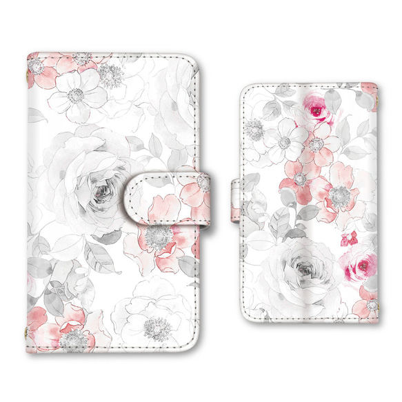薔薇 バラ 水彩画風 スマホケース 手帳型ケース iPhoneケース 携帯ケース ミラー カード収納ポケット 1枚目の画像