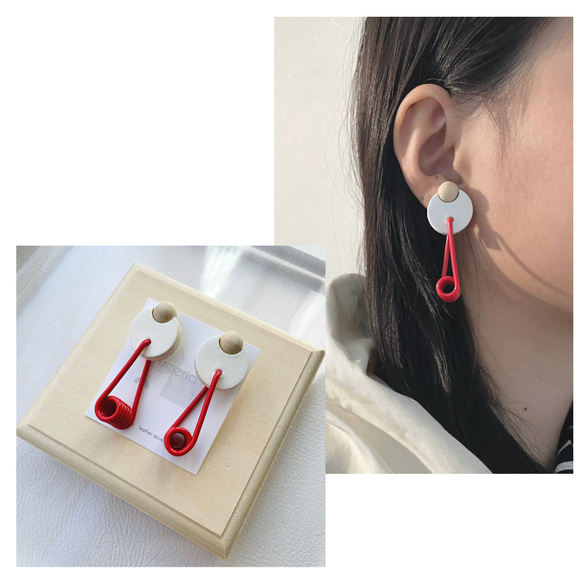 《MOKE／red×white》赤×白　本革とワイヤーのピアス・イヤリング　 3枚目の画像